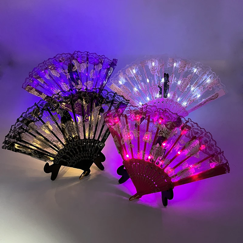 LED light up Lace Folding Hand Fans Embroidered Flowers Pattern Handheld Fans for Dancing show Tea Party Favors gift