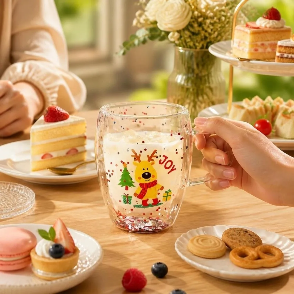 Drinkware Snowman Christmas Wine Glass Deer Shiny Santa Clear Glass Insulated Double Layer Christmas Art Cup Coffee Enthusiasts