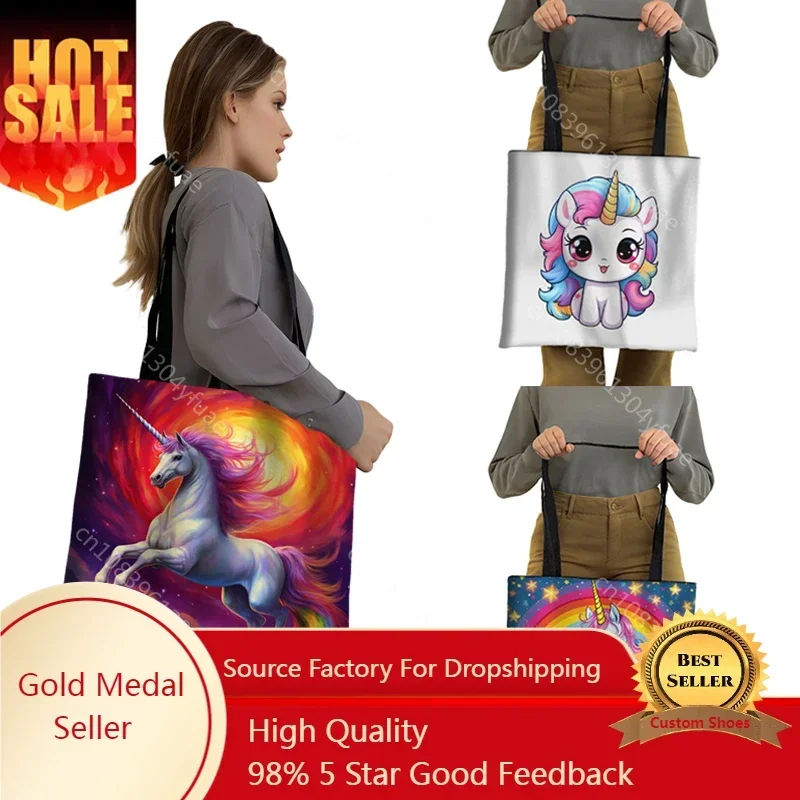 

Cartoon Unicorn Print Tote Bags Fantasy Rainbow Unicorns Women Handbag Large Capacity Shoulder Bag Reusable Shopping Bags Gift