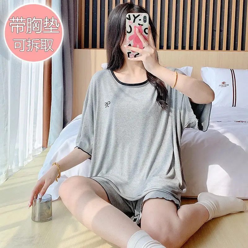 

M-5XL Plus Size Summer Shorts Pajama Set Women Korean Modal Loose Sleepwear with Chest Pad Homewear Loungewear Suit Outside Wear
