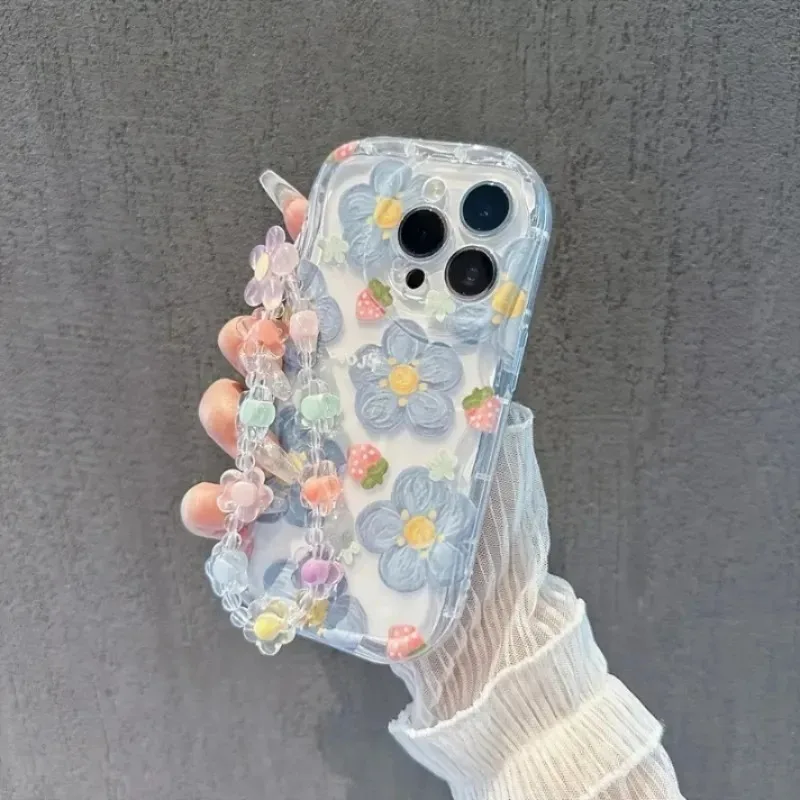 Erdbeerblumen-Handyhülle für iPhone 17 15 13 11 12 14 16 17 Pro Max Plus 17 Hüllen mit Blumen-Schlüsselband Silikon-Cover – Detail 2