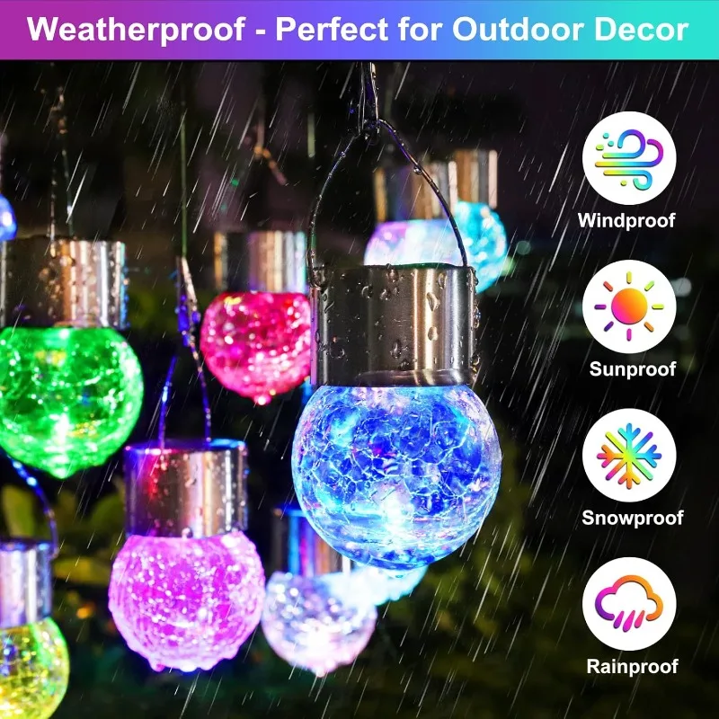 Outdoor Hanging Solar Lights Cracked Glass Waterproof LED Decorative Ball Lights with Hook for Garden Yard Christmas Tree Decor