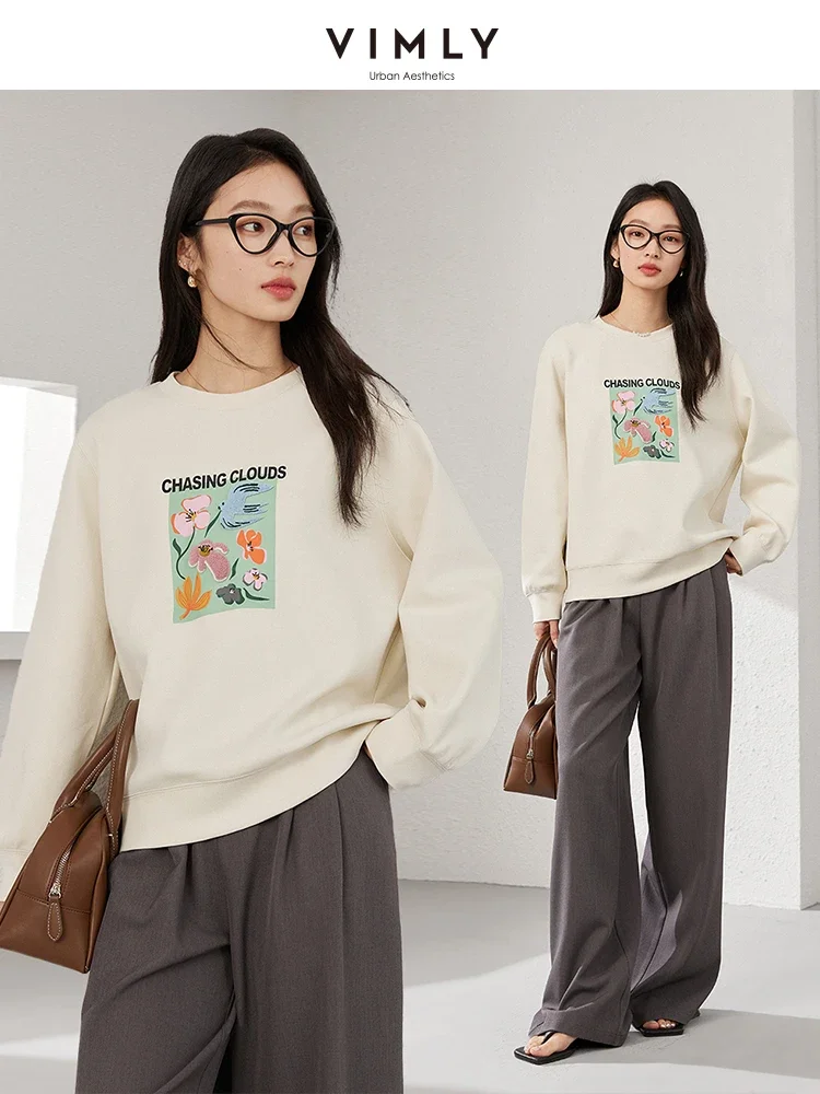 VIMLY Women Casual Simple Sweatshirts 2025 Spring Watercolor  Boho Graphic Flower Printed Pullover Long Sleeve Commuter TopA0500