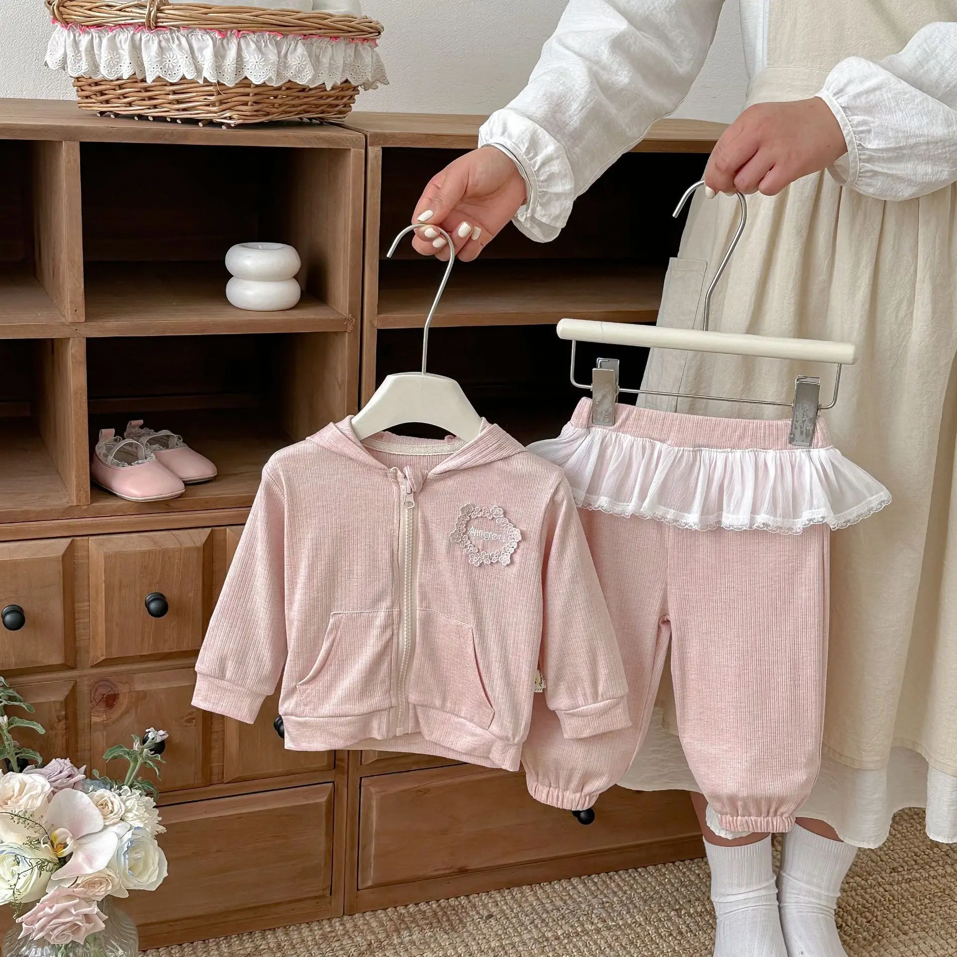 2026 Spring Baby Long Sleeve Set for Female Baby Sweet and Casual Lace Rabbit Ears Hoodie and Pants Two Piece Set