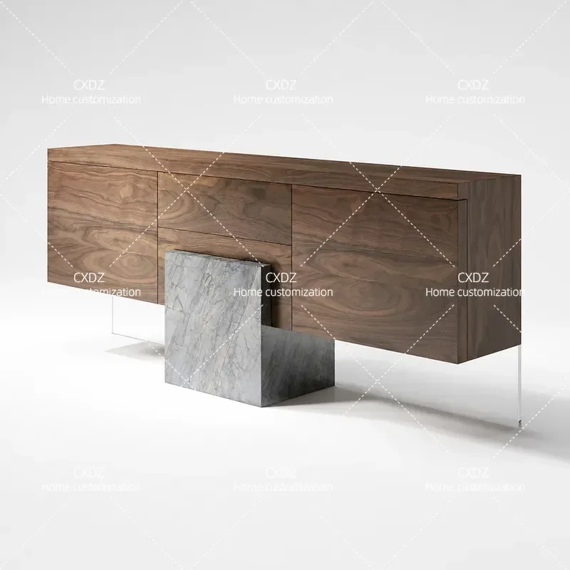 Natural Marble Dining Side Cabinet Luxury Stone Integrated Wall Unit Minimalist Solid Wood Storage Locker Customizable