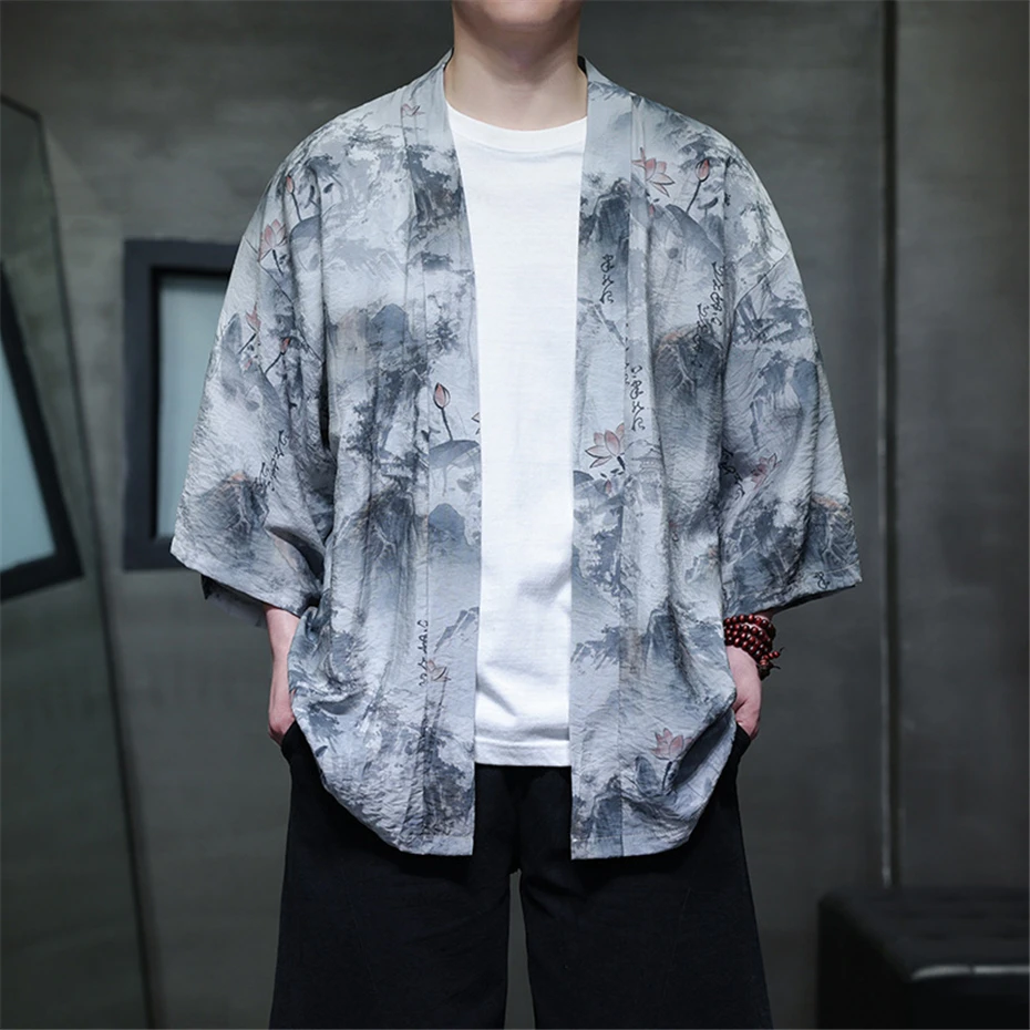 Men's Cardigan Kimono Shirt Fashion Casual Chinese Style Shirts Summer Cool Shirt Jacket Male