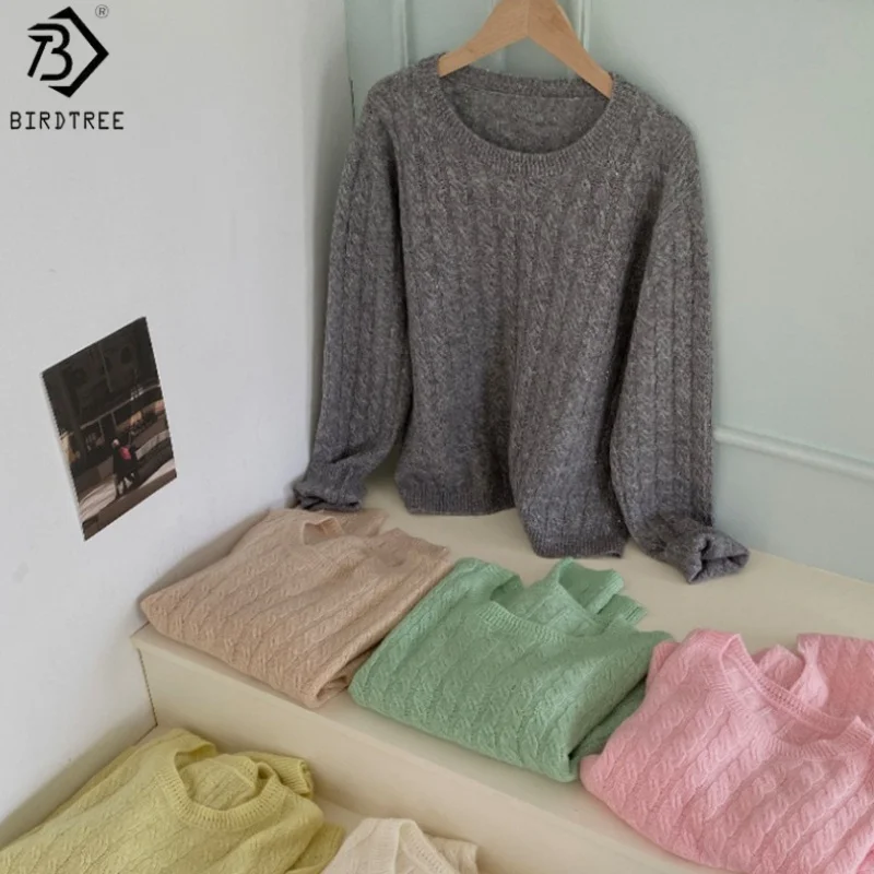 

Birdtree 31.8% Sheep Wool 3.9% Cashmere Sweater,Woman Wool Blend Full Sleeve Twisted Flower O-neck Autumn Knitwear T59219JF