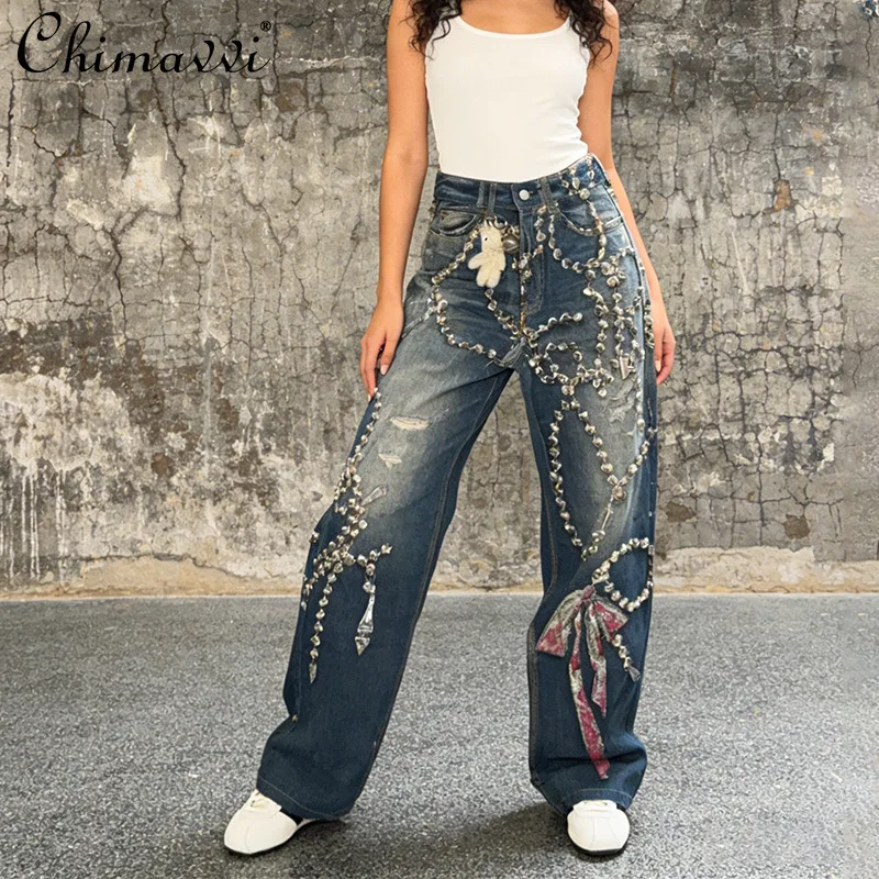 

Американские модные ретро-джинсы в стиле Sweet Cool с декором из страз и шнуровкой, с завязками, с высокой талией, прямые, из денима, для женщин, весна 2026