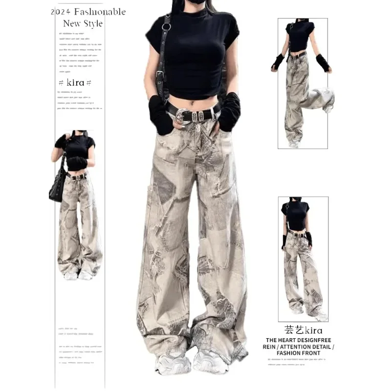 Women's High Waist Straight Jeans, American Vintage Printing,Casual Y2K Wide Leg Pants, Baggy Grunge, Washed Denim Trouser, 2000