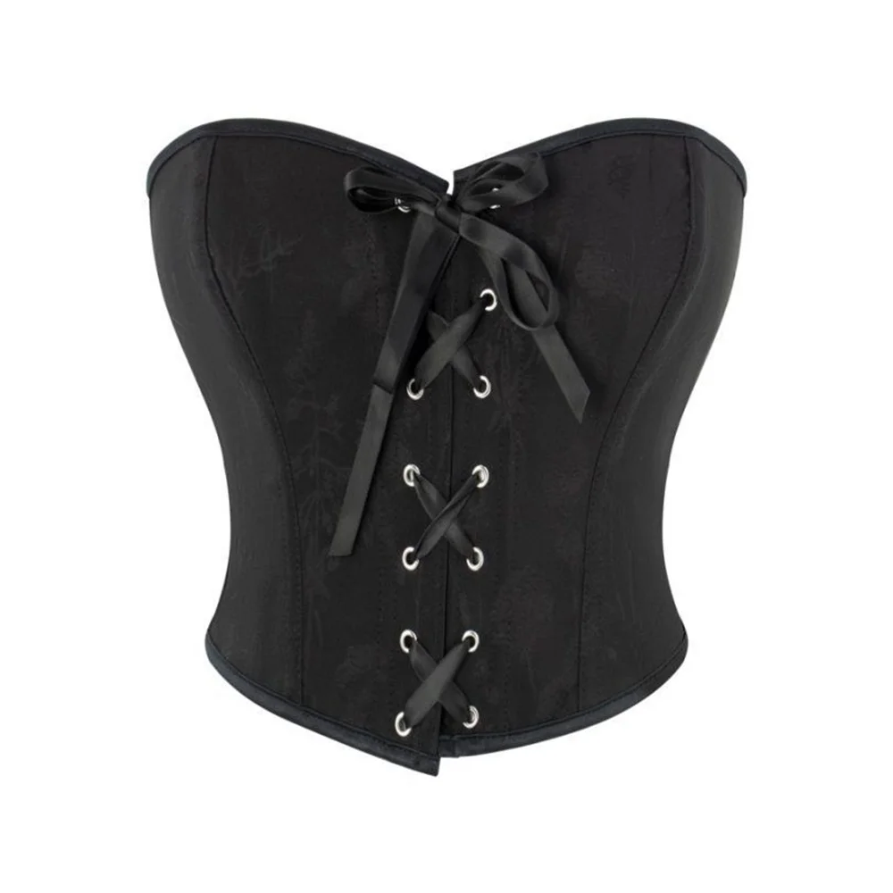 

Black Jacquard Overbust Corset Crop Top Women Sexy Front And Back Lace-up Fishbone Body Shaper Strapless Bustiers