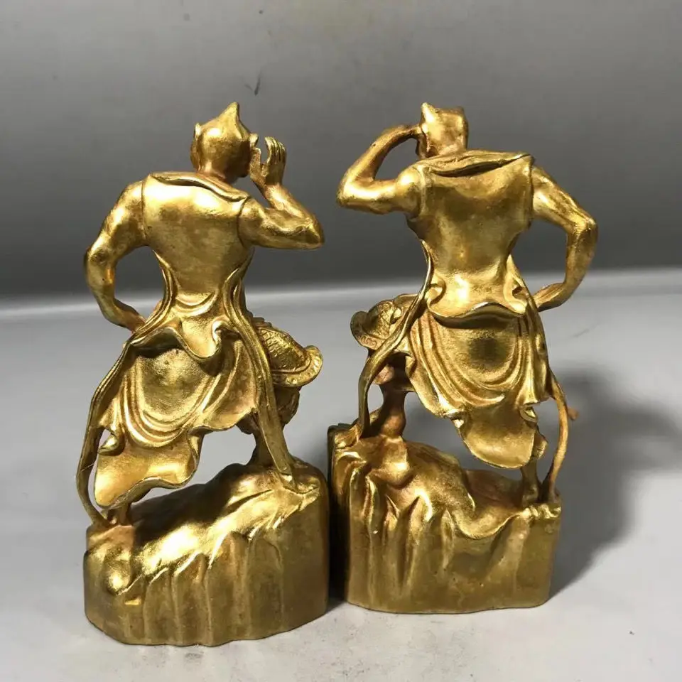 Antique Bronze Qianliyan Shunfeng Ear Statue Pair Door God Buddha Hall Left Right Protector