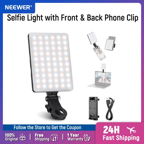 NEEWER BASICS-luz para selfies con 60 LED, 2000mAh, recargable CRI 95 +, 3 modos de luz, Clip para teléfono frontal y trasero para teléfono/tableta/portátil