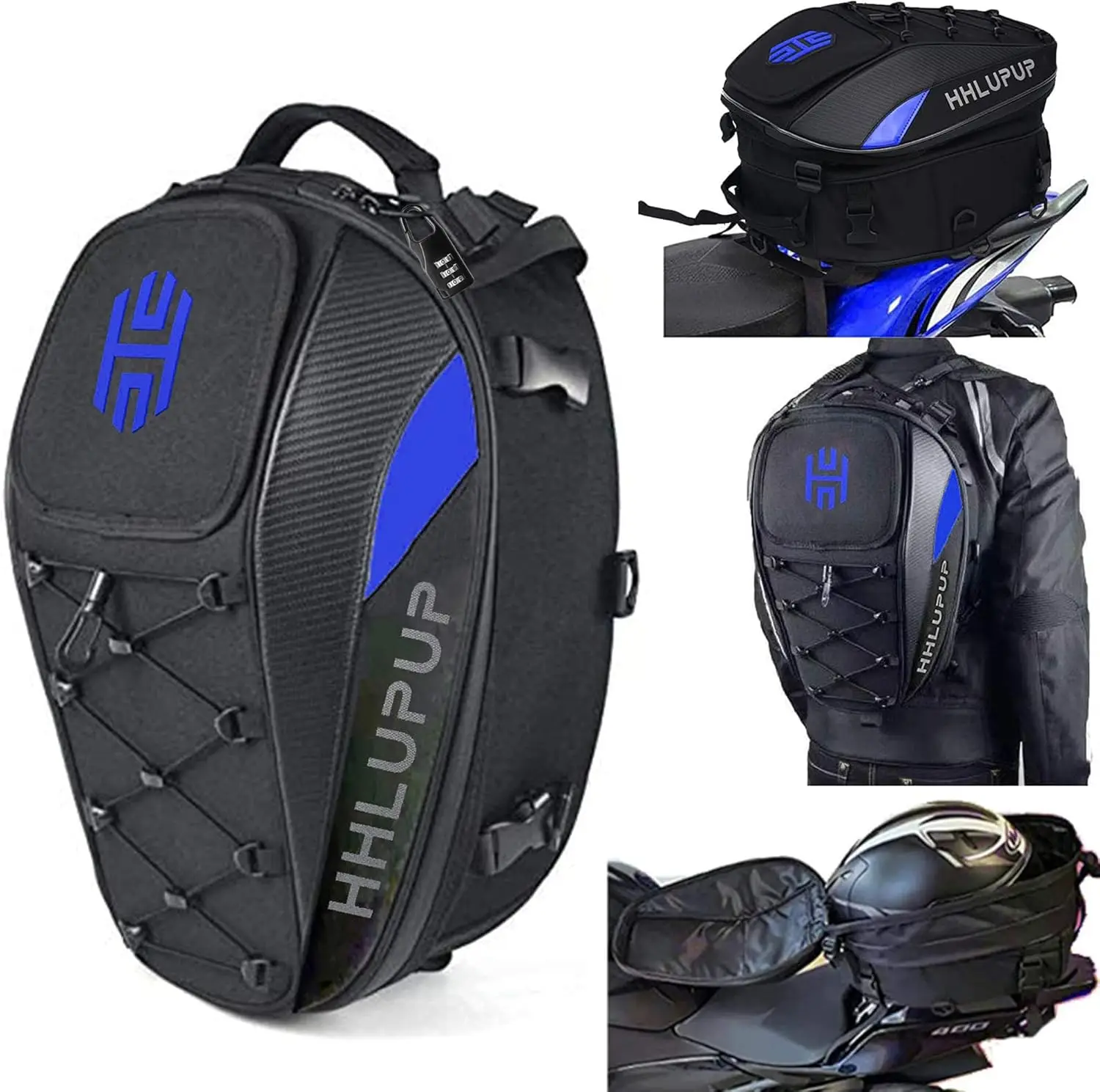 

38L Waterproof Motorcycle Helmet Bag, Dual Use Backpack and Seat Bag with Password Lock for Travel Commuting Blue