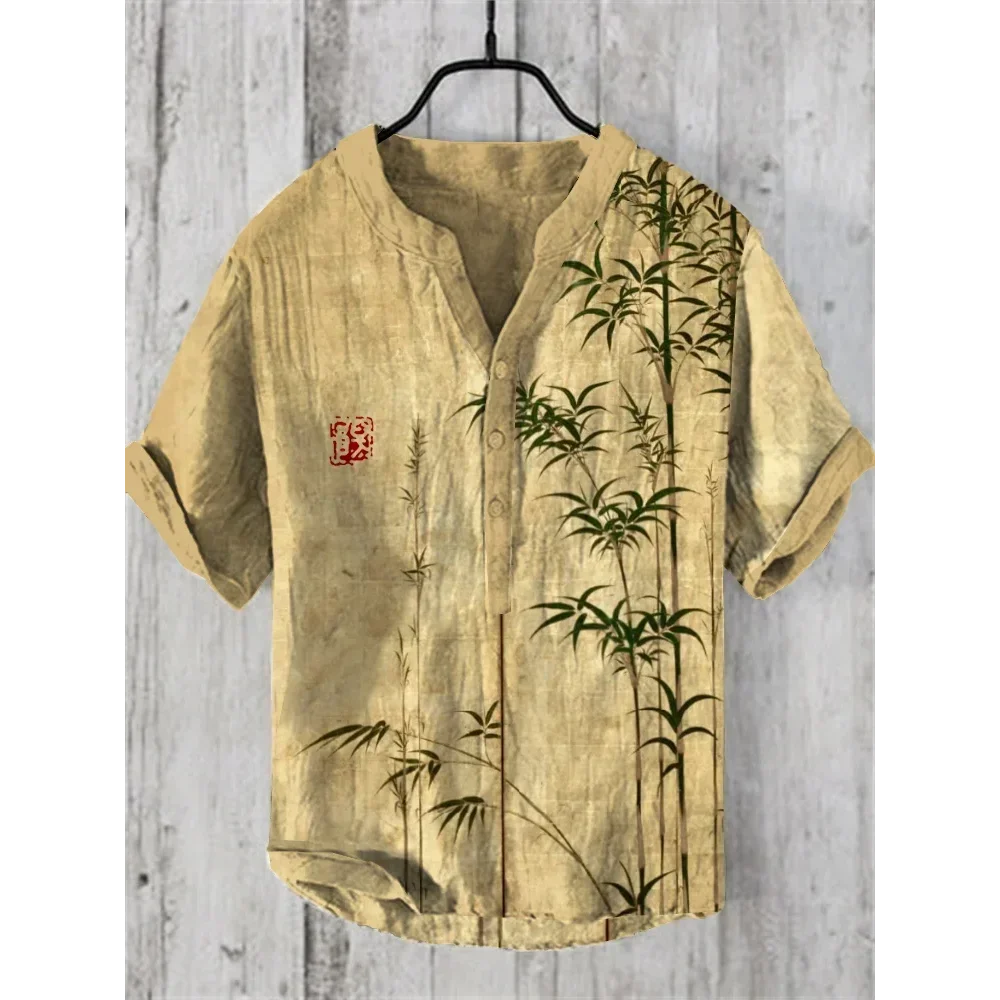 Henry Shirt - Men's Short sleeved Top, Casual Fashion Clothing, Bamboo Pattern, Summer 2024, S-5XL