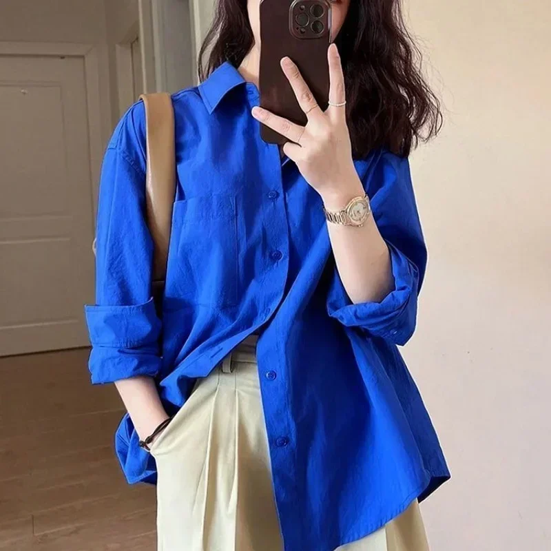 Women Cotton Shoulder Fit Long Sleeve Shirt Lady Thin Autumn Loose Blouse Girls Minimalist Versatile Daily Work Commuter Top