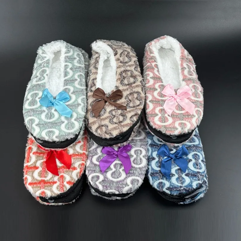 House Winter warm Slipper Women Bow Knot 8 words Fur Plush Anti Skid Grip Cute Funny Indoor Home Fluffy Female Floor Shoes