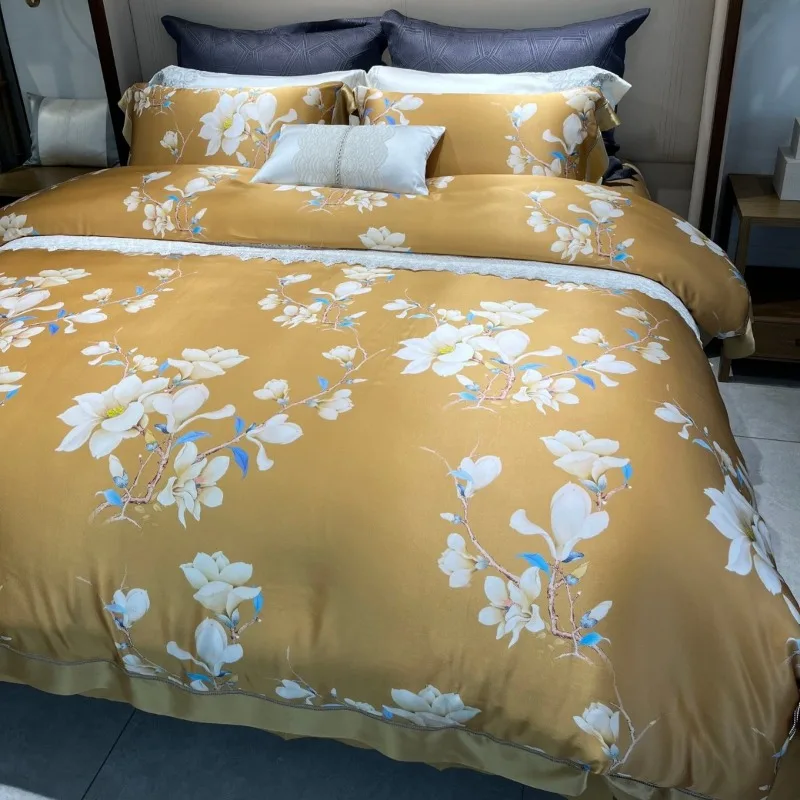 Skin-friendly and smooth silk digital printing four-piece light luxury heavy double-sided mulberry silk bedding kit