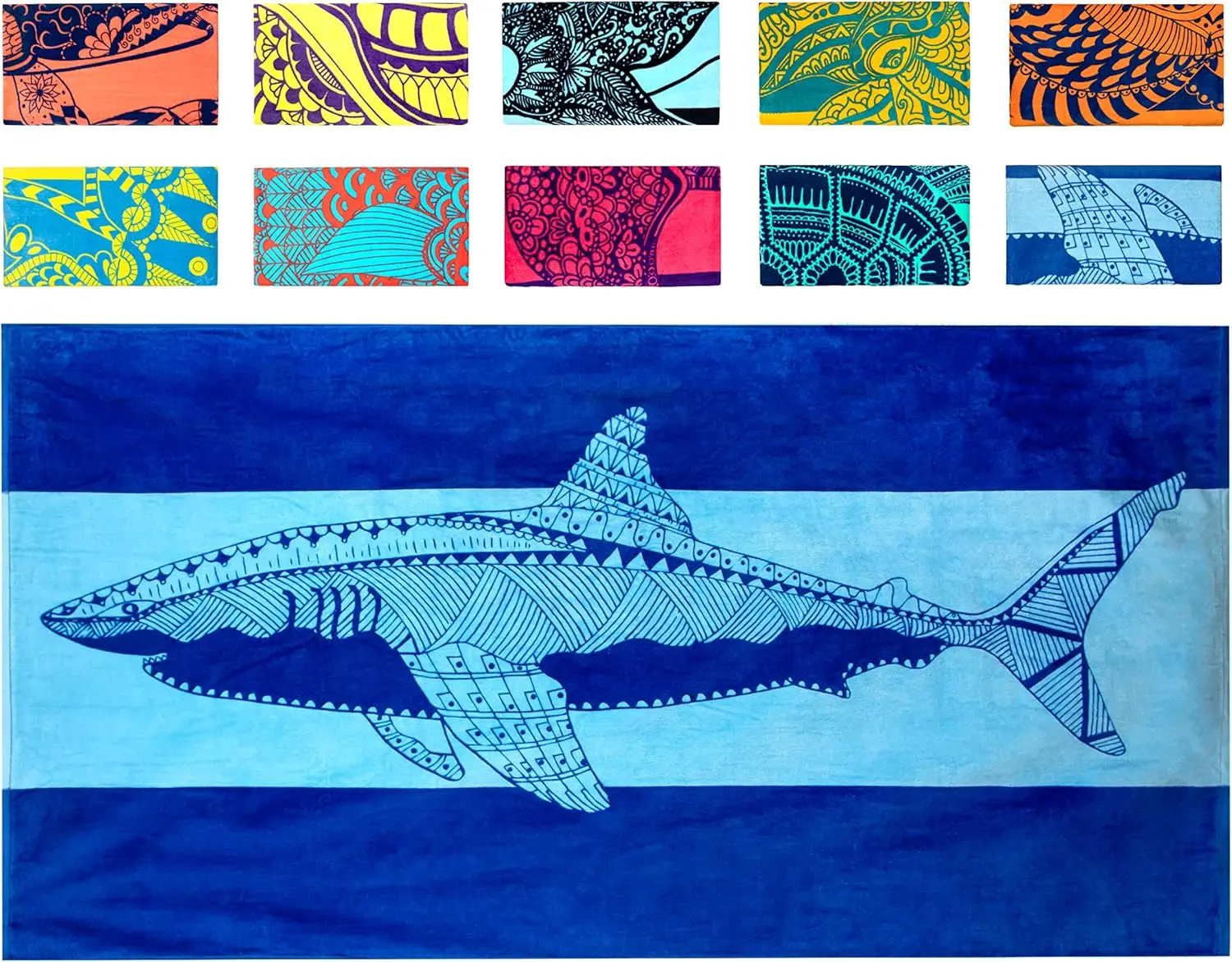 Shark Beach Towel, Blue Tropical Design Absorbent Bath Towel for Pool and Travel, Navy with Light Blue Stripe Pattern