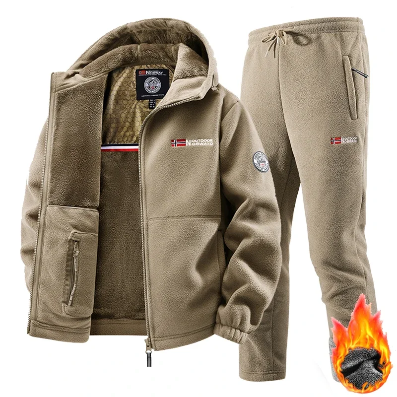 New Winter Sportswear Set Mens Retro Training Thick Fleece Jacket + Pants Two Piece Set Casual Ski Running Tracksuit Suit