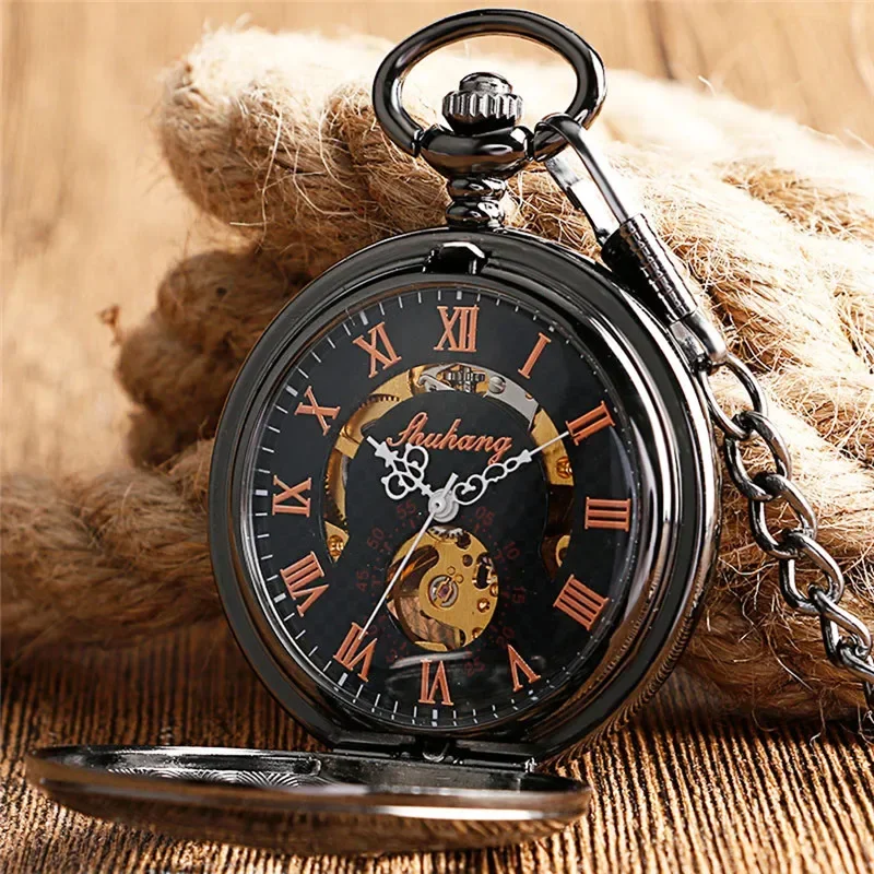 Antique Hollow Out Flower Case Men Women Handwinding Mechanical Pocket Watch Roman Number FOB Pendant Chain Relgio de bolso