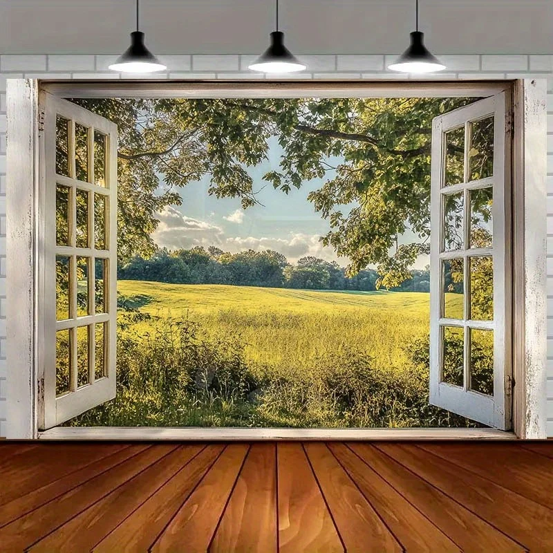 قطعة واحدة من ملصقات الحائط لمشهد النافذة الطبيعية الغامرة - تصميم نافذة مفتوحة واقعي مع الخضرة وأشعة الشمس