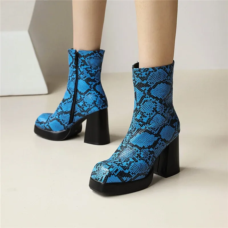 

YMECHIC 2025 Fashion Serpentine Women's Ankle Boots Snake Pattern 9cm High Heels Square Toe Ladies Shoes Blue Brown White
