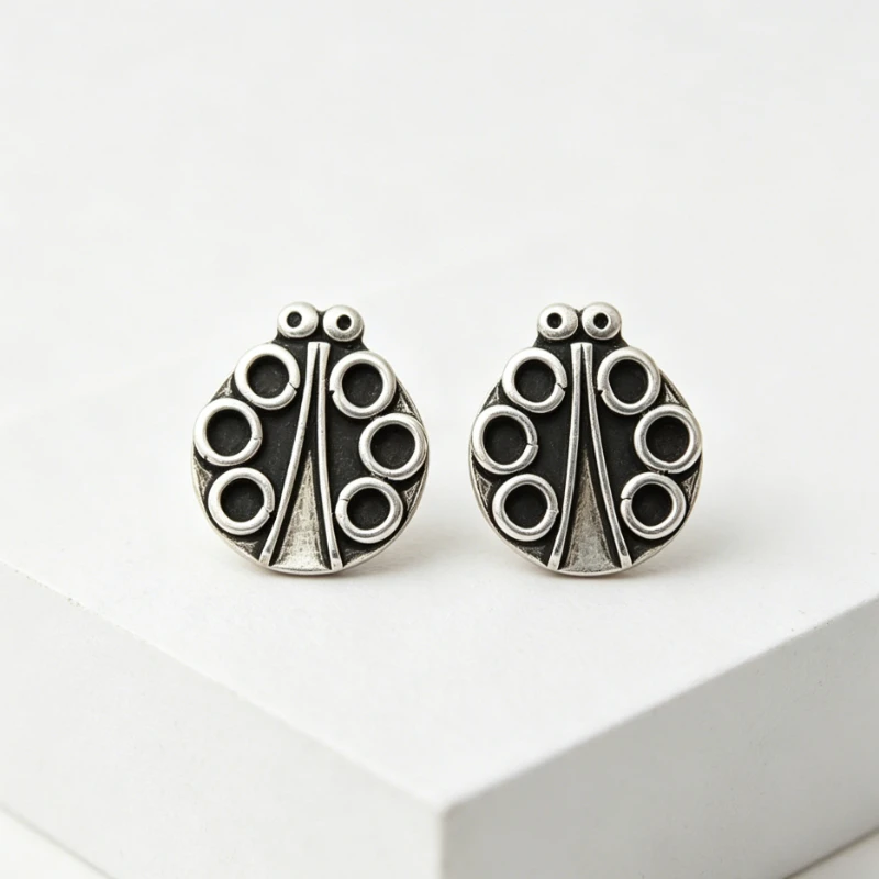 Vintage Unique Style Ladybug Shaped Silvery Plated Stud Earrings Women Creative Fashion Festival Celebration Jewelry Accessories