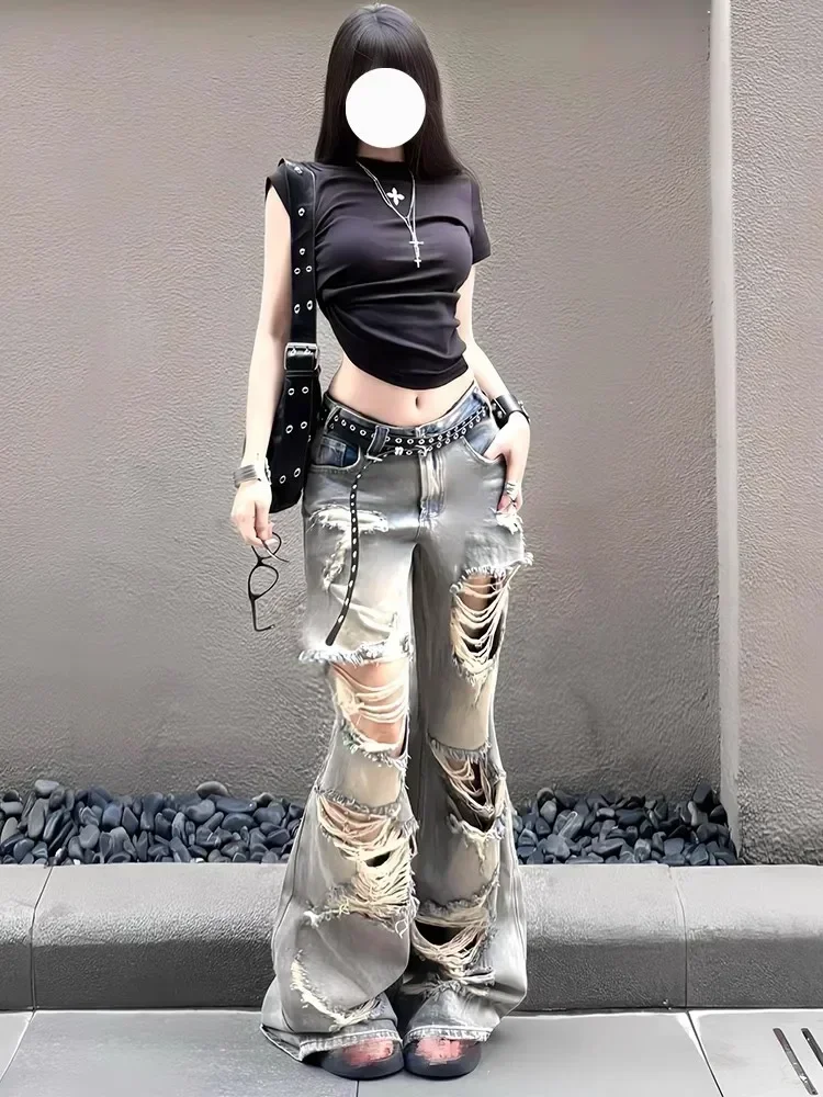 جينز ممزق كبير الحجم مقاس سمين أمريكي ريترو سبايس جيرل مغسول جينز نسائي صيفي جديد فضفاض واسع الساق