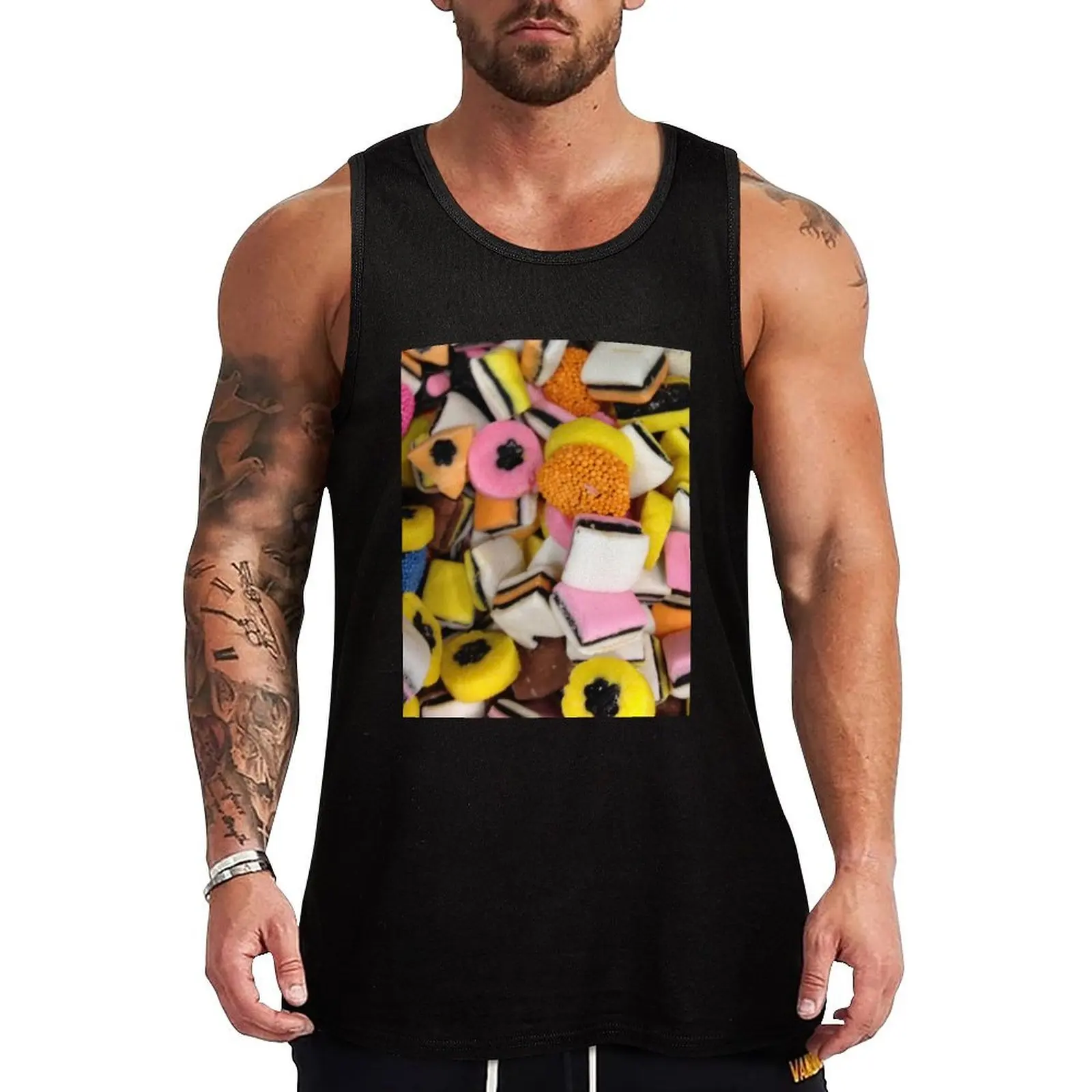 Camiseta sin mangas con estampado de logo de caramelo de regaliz retro de los años 80, estilo informal, sin mangas, con estampado gráfico.
