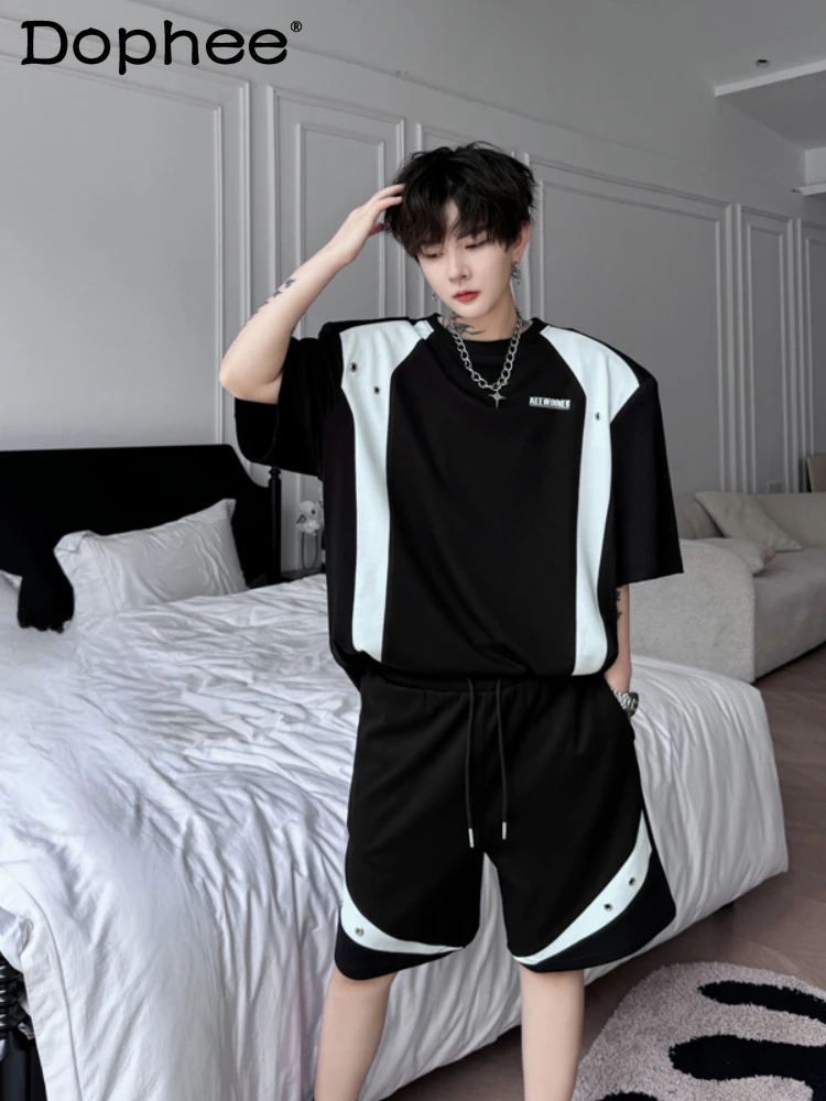 2024 Summer Trendy High-End Color Contrast Splicing Design Padded Shoulder Short-Sleeve T-shirt Men's Sets Shorts Two-Piece Sets