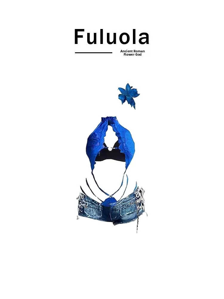 

Fuluola2025 сексуальный синий кружевной ажурный костюм, женский облегающий брючный костюм, оригинальный дизайн, брюки с низкой талией