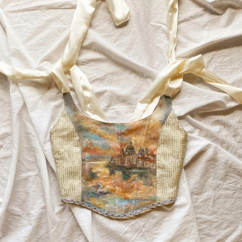 Corsé con cinta para mujer, Top corto, Sexy, con cordones, pintura óleo, chaleco tipo corpiño delgado