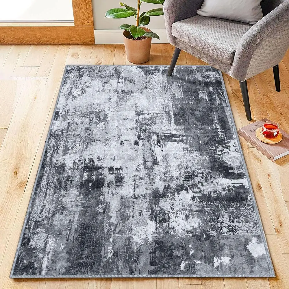 

Modern Abstract 3X5 Rug Gray Washable Rug Entry Rug, Soft Non-Slip Contemporary Nursery Mat Indoor Throw Kitchen Carpet With