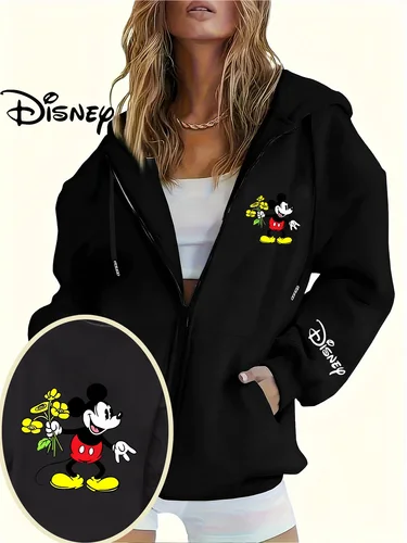 Autorización de Disney - Sudadera con capucha informal con cremallera para mujer, estampado de patrón romántico de ramo de primavera de Mickey de Disney, diseño con cremallera frontal