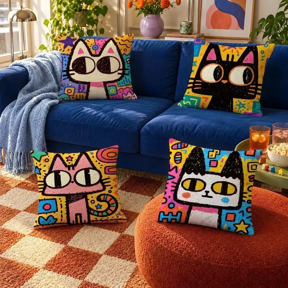 Art Colorful Doodle Cat Pop Art Graffiti Cushion Cover Throw Pillow Soft Short Plush Cozy Colorfast For Sofa Bedroom Home Decor