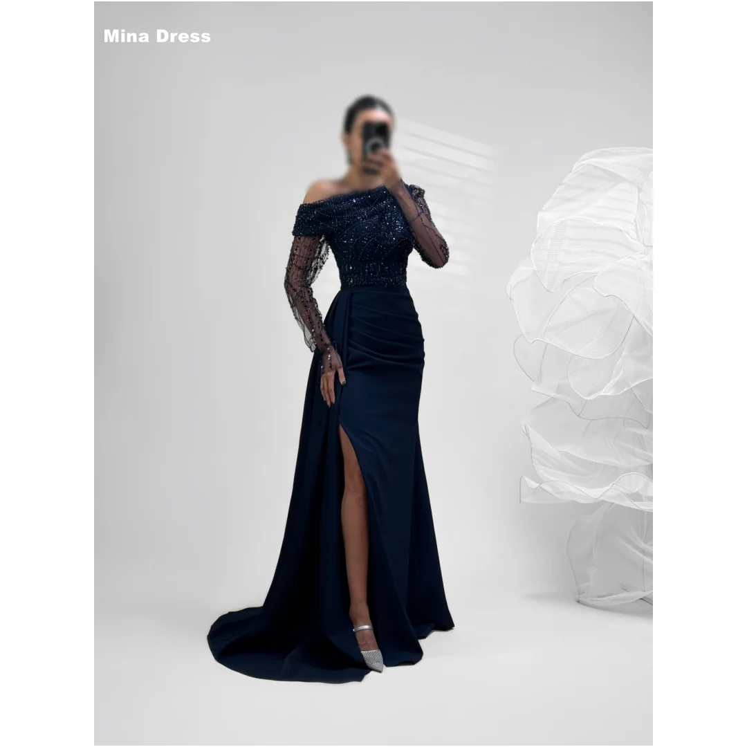 Mina Maßgeschneidertes Blaues Pailletten-Abendkleid mit Langen Ärmeln und Schulterfreiem Design sowie Hohem Schlitz für Besondere Anlässe und Bälle