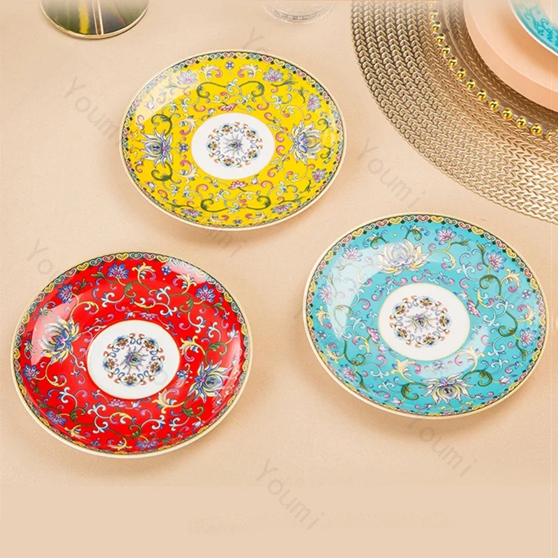 Enamel Color Retro Dining Plate Chinese Palace Style Ceramic Plates Household Fruit Dessert Tray Breakfast Exquisite Tableware