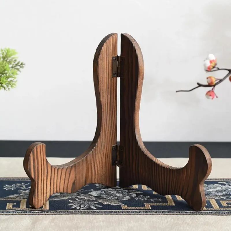 Vintage Wooden Dish Display Rack Curved Design Handmade Foldable Easel Plate Tea Cake Stand Kitchen Bar Home Decor