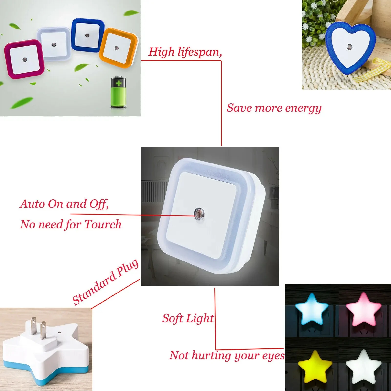 EU/US/UK Plug Mini LED Night Light 110V/220V Square Shape Wall Lamp Sensor Control Energy Saving Light For Room Stairs Corridor
