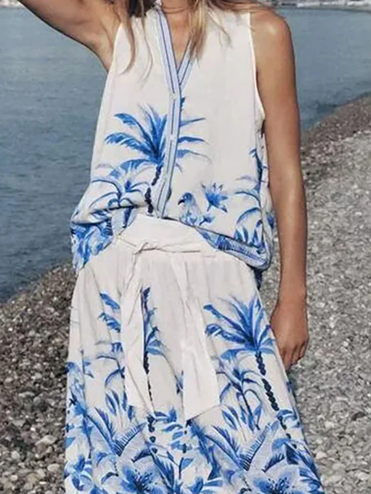 

Leaf Print Summer Holiday Two Piece Set Sexy V-neck Sleeveless Top and Long Skirt Suit Ladies Fashion Lace Up Loose 2025 Outfits