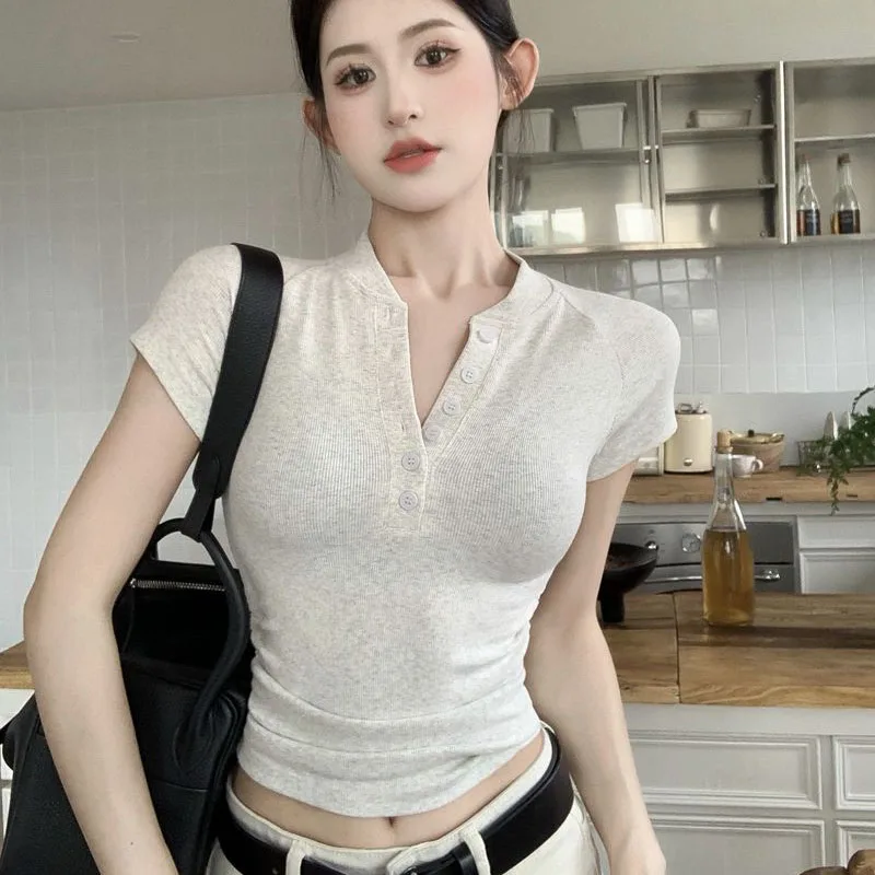 Lucyever Korean Style Buttons Up T Shirts Ladies Elegant Slim Knit Short Sleeve White Tee Women Summer Chic Streetwear Crop Tops