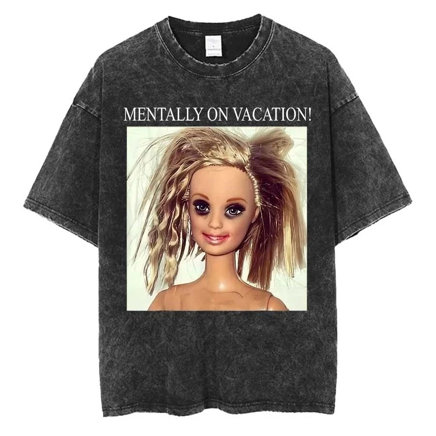 Distressed Doll Face Meme Washed Oversized T Shirt Men Women Pure Cotton Vintage T-shirt Street Hip Hop Harajuku Unisex Clothing