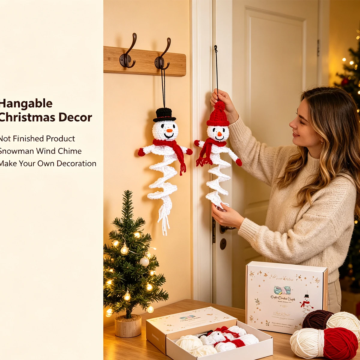 2Pcs Christmas Snowman Crochet DIY Kit, Not a Finished Product, Beginner-Friendly Yarn Knitting Set, Includes Full Set of Yarn and Crochet Tools, Comes with English Graphic Tutorial, Easy to Learn for Beginners, a Soothing and Stress-Relieving Handmade Item, Classic Red and Green Snowman Santa Claus Design, Paired with White Tassels and Beads, Fully Captures the Christmas Atmosphere, Suitable for Christmas and New Year Home Christmas Tree Hanging Decorations, Holiday Scene Decoration for Windows and Doors
