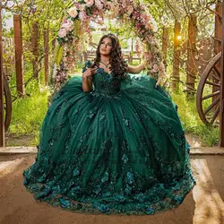 Elegant Mexican Emerald Green Quinceanera Dress Ball Gown Gold Lace Applique Beaded Corset Sweet 16 Vestidos De XV 15 Anos