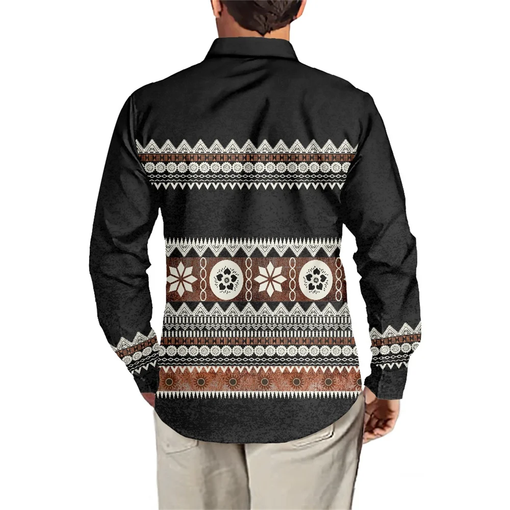 Autumn Men Shirts Long Sleeve Buttons Up Casual Oversized Polynesian Tribal Clothing Samoa Black Fijian Masi Floral Print Shirt