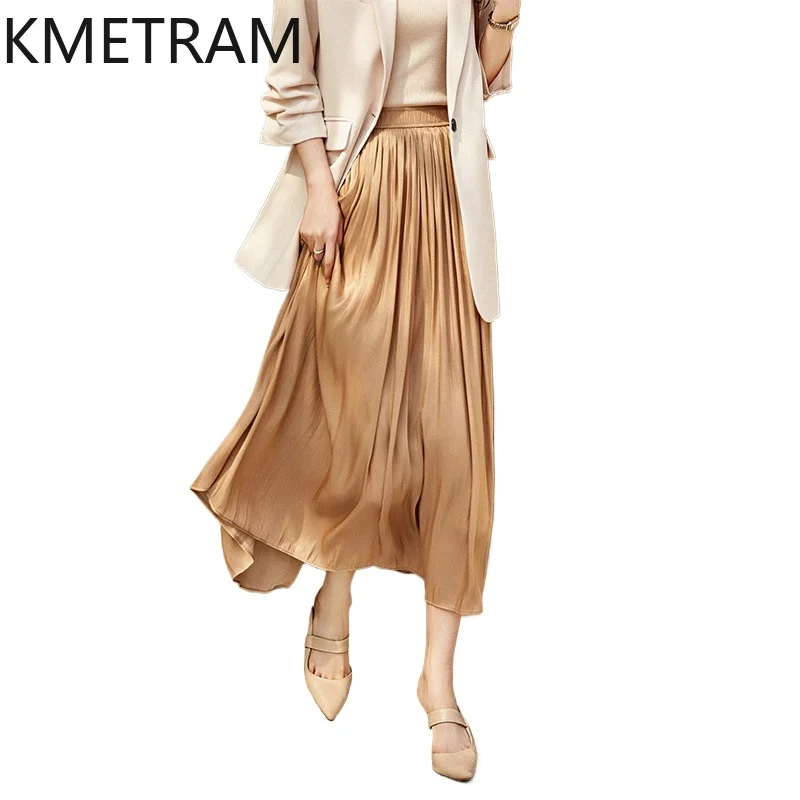 

Длинные юбки KMETRAM для женщин: элегантные блестящие плиссированные юбки с эластичной талией, струящиеся, однотонные, летние, 2026. Женская одежда.