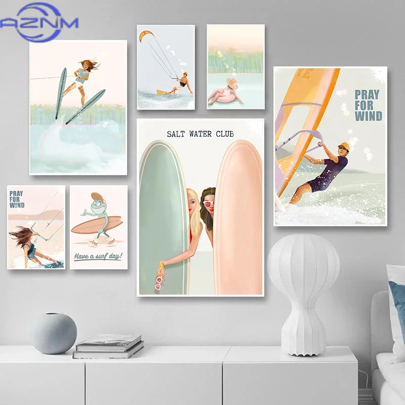 AZNM Minimalism Beach Surfing Boho Posters Pink Beach Summer Coastal Prints Canvas Painting Wall Art Pictures Home Living Room D