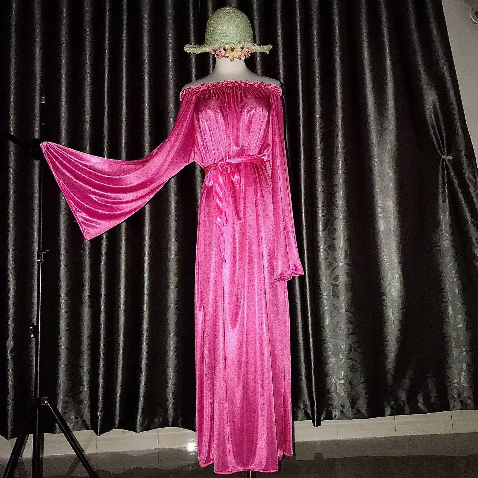 글로시 여성용 러플 새틴 긴 소매 드레스 루즈 맥시 드레스 플러스 사이즈 잠옷 로브