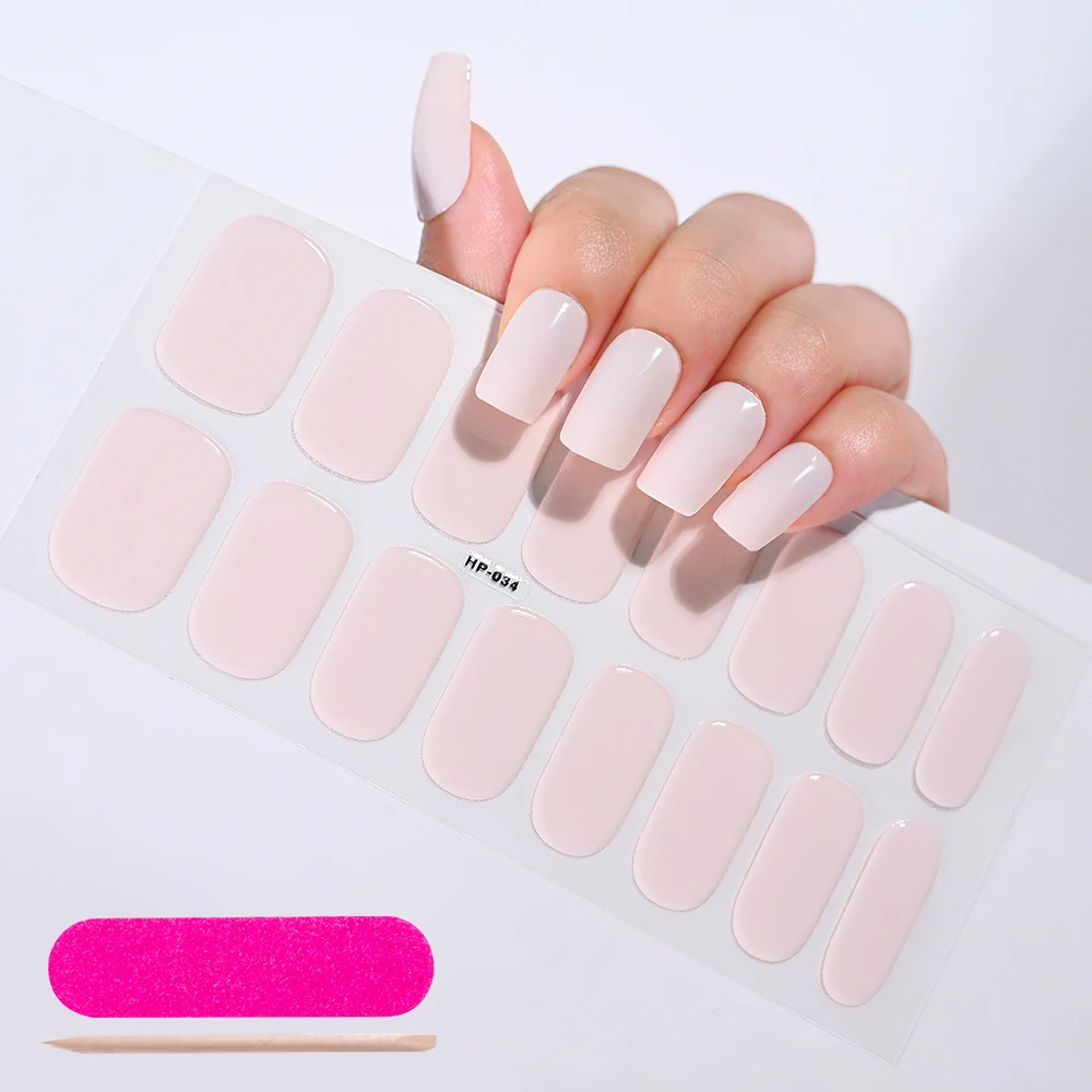 16Tips Soild Color Nude Pink Semi-Cured Gel Nail Sticker Long-Lasting UV Nail Sticker Full Cover UV/LED Extension Gel Nail Foil