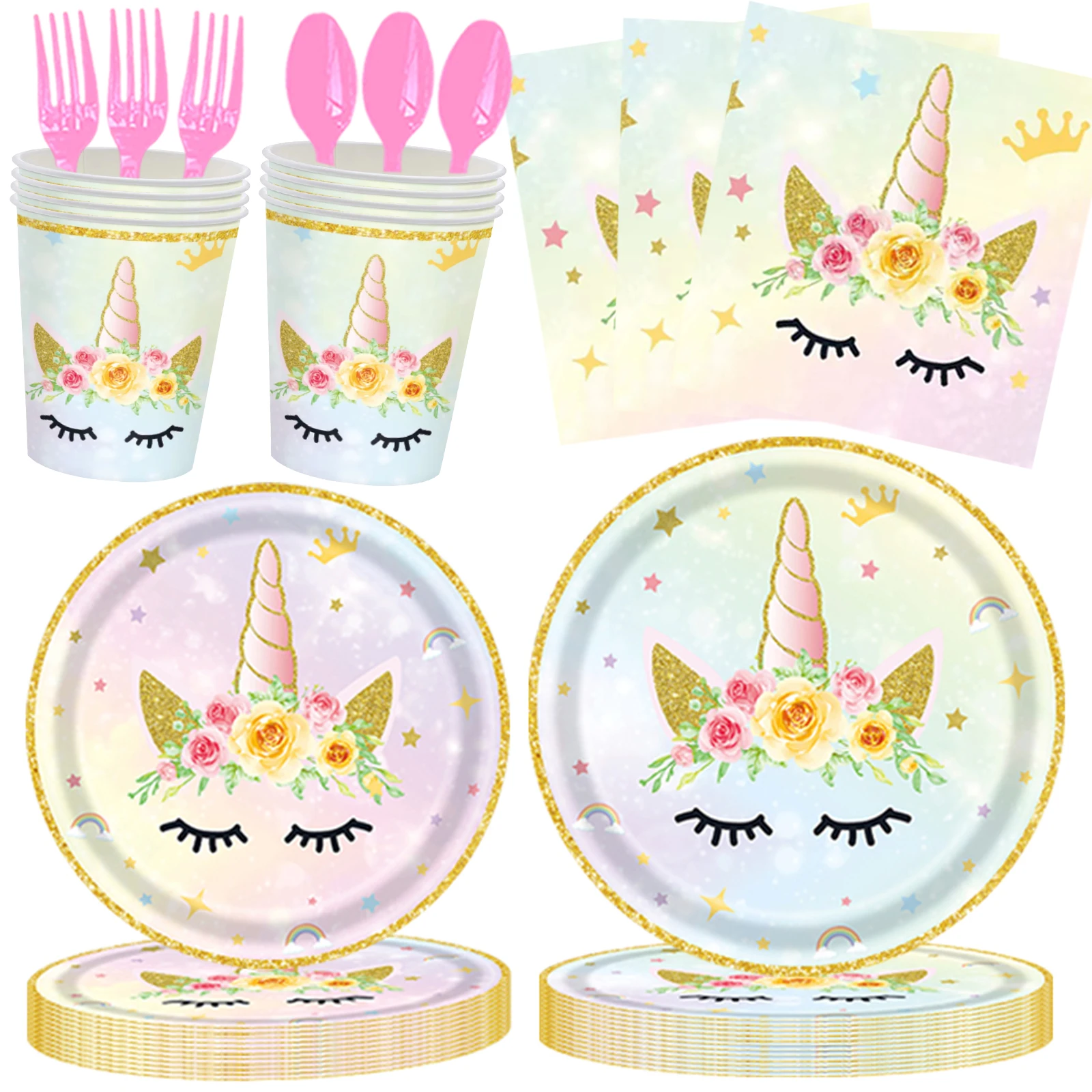 

100PCS unicorn party supplies,disposable party plates, napkins, cups, forks, spoons includes, for birthday party, serves 16 gues